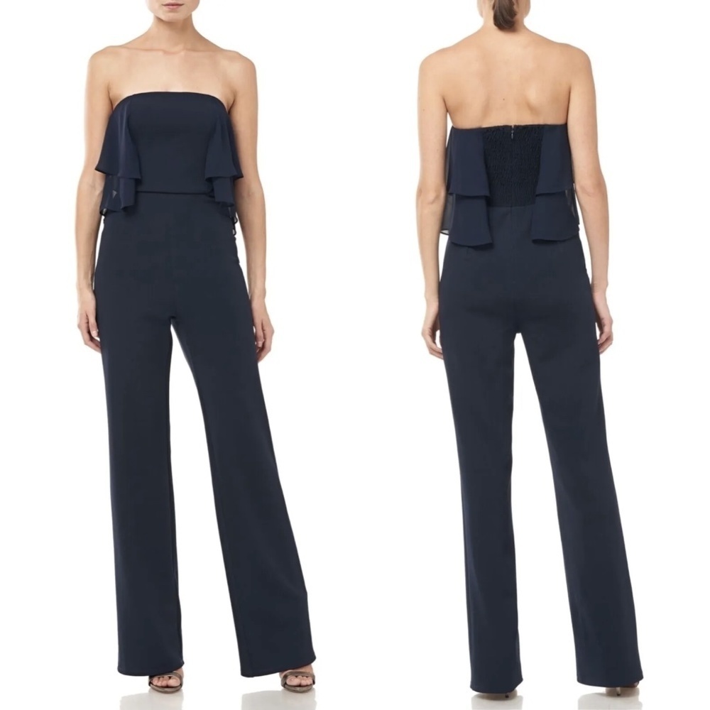 NWT Halston Heritage Strapless Chiffon Flowy Flounce Jumpsuit in Navy Sz. 6